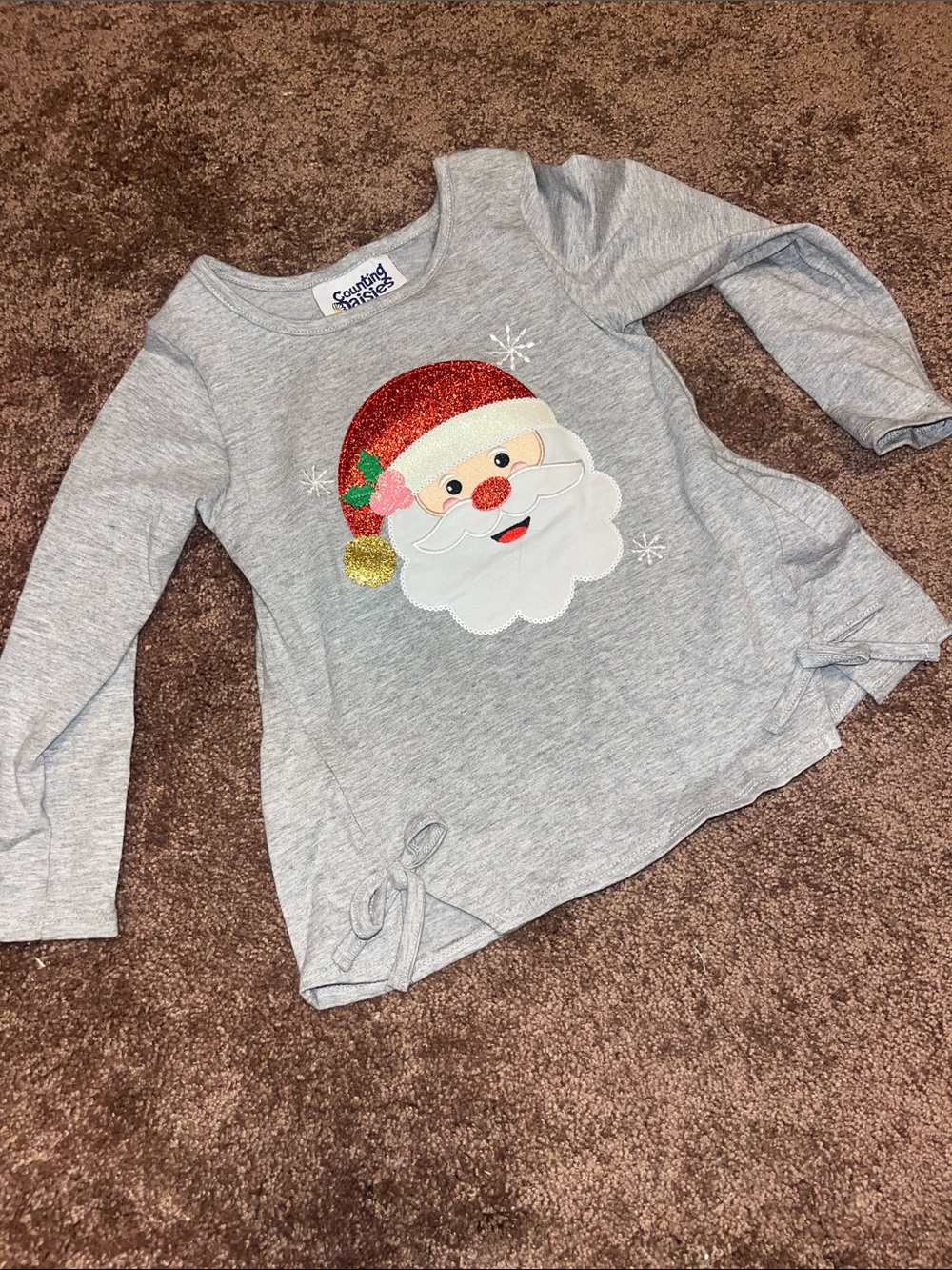 Girls' Gray Santa Appliqué Long Sleeve Tee